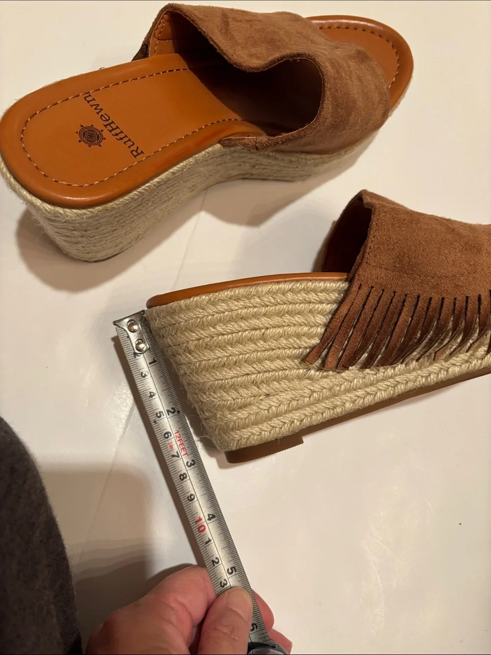 NWOT Ruff Hewn Tan Suede Fringe Espadrille Wedge Slides 6